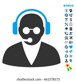 Support Operator icon with bonus pictograms. Vector style is bicolor flat iconic symbol with rounded angles, blue and gray colors, white background.