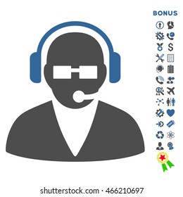 Support Operator icon with bonus pictograms. Vector style is bicolor flat iconic symbol with rounded angles, cobalt and gray colors, white background.