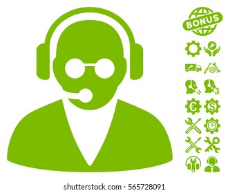 Support Operator icon with bonus service icon set. Vector illustration style is flat iconic eco green symbols on white background.