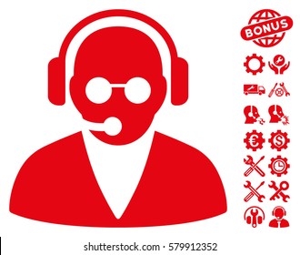 Support Operator icon with bonus service symbols. Vector illustration style is flat iconic red symbols on white background.