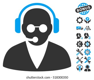 Support Operator icon with bonus tools pictures. Vector illustration style is flat iconic blue and gray symbols on white background.