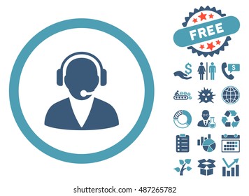 Support Operator icon with free bonus images. Vector illustration style is flat iconic bicolor symbols, cyan and blue colors, white background.