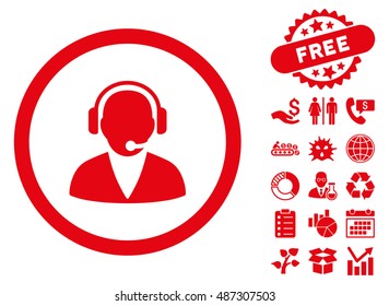Support Operator icon with free bonus pictograph collection. Vector illustration style is flat iconic symbols, red color, white background.