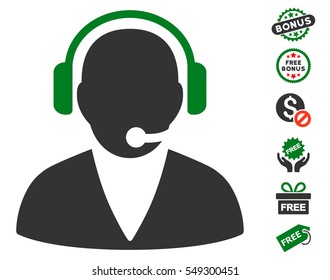 Support Operator icon with free bonus pictures. Vector illustration style is flat iconic symbols, green and gray colors, white background.