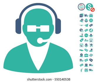 Support Operator icon with free bonus pictograph collection. Vector illustration style is flat iconic symbols, cobalt and cyan colors, white background.