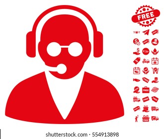 Support Operator icon with free bonus clip art. Vector illustration style is flat iconic symbols, red color, white background.