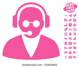 Support Operator icon with free bonus pictograms. Vector illustration style is flat iconic symbols, pink color, white background.