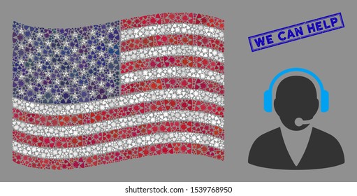 Support operator items are arranged into USA flag collage with blue rectangle corroded stamp watermark of We Can Help caption.