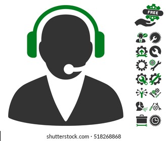Support Operator pictograph with bonus configuration pictograph collection. Vector illustration style is flat iconic green and gray symbols on white background.