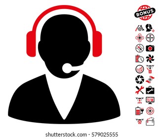 Support Operator pictograph with bonus copter tools images. Vector illustration style is flat iconic intensive red and black symbols on white background.