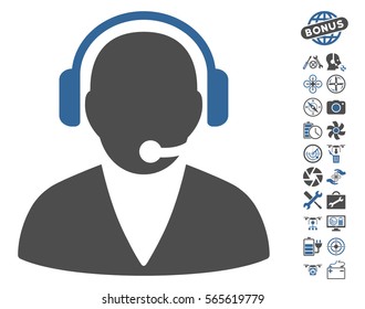 Support Operator pictograph with bonus drone service images. Vector illustration style is flat iconic cobalt and gray symbols on white background.
