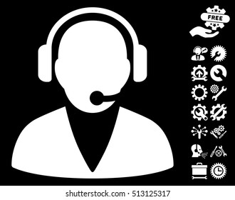 Support Operator pictograph with bonus options pictures. Vector illustration style is flat iconic white symbols on black background.