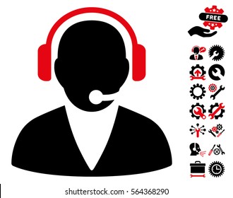 Support Operator pictograph with bonus options pictures. Vector illustration style is flat iconic intensive red and black symbols on white background.