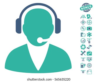 Support Operator pictograph with bonus quadrocopter tools design elements. Vector illustration style is flat iconic cobalt and cyan symbols on white background.