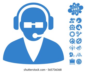 Support Operator pictograph with bonus service images. Vector illustration style is flat iconic cobalt symbols on white background.
