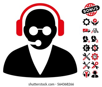 Support Operator pictograph with bonus settings design elements. Vector illustration style is flat iconic intensive red and black symbols on white background.