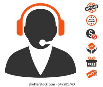 Support Operator pictograph with free bonus icon set. Vector illustration style is flat iconic symbols, orange and gray colors, white background.