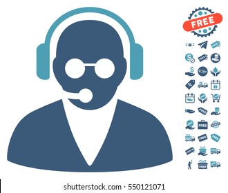 Support Operator pictograph with free bonus pictures. Vector illustration style is flat iconic symbols, cyan and blue colors, white background.