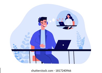 Support operator talking to unhappy client. Man in headset, upset woman with laptop in though bubble flat vector illustration. Customer service concept for banner, website design or landing web page