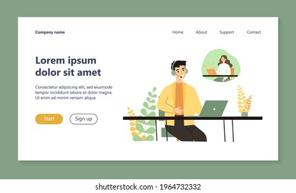 Support operator talking to unhappy client. Man in headset, upset woman with laptop in though bubble flat vector illustration. Customer service concept for banner, website design or landing web page