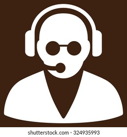 Support Operator vector icon. Style is flat symbol, white color, rounded angles, brown background.