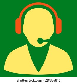 Support Operator vector icon. Style is bicolor flat symbol, orange and yellow colors, rounded angles, green background.