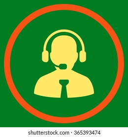 Support Operator vector icon. Style is bicolor flat circled symbol, orange and yellow colors, rounded angles, green background.