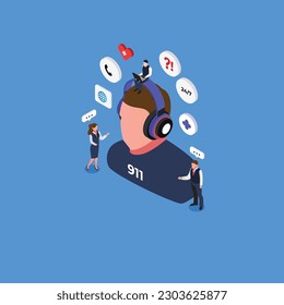 Support operator wearing headsets - call center isometric 3d vector illustration concept for banner, website, illustration, landing page, flyer, etc