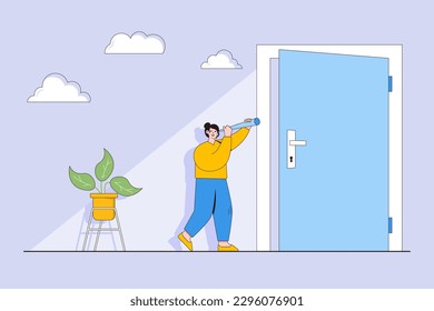 Support opportunity and chance concept. Young woman looking ahead through an ajar door. Outline design style minimal vector illustration for landing page, web banner, infographics, hero images.