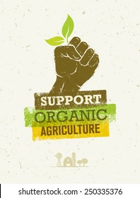 Support Organic Agriculture. Hand Holding Green Sprout Creative Vector Eco Poster Concept