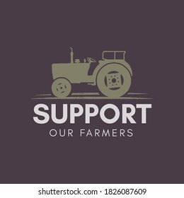 Support our farmer logo template. Retro Farming badge with tractor. Stock vector badge
