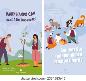 Support our independent and trusted charity. Many hands make big difference. Helping canine animals, dogs and pets by feeding them. Volunteers planting trees in park afforestation Vector in flat style