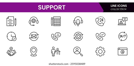  Support  Outline Icon Collection. Thin Line Set contains such Icons as Online Help, Helpdesk, Quick Response, Feedback and more. Simple web icons set.