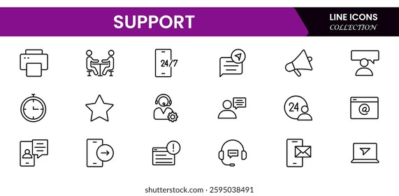  Support  Outline Icon Collection. Thin Line Set contains such Icons as Online Help, Helpdesk, Quick Response, Feedback and more. Simple web icons set.