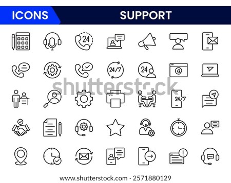  Support  Outline Icon Collection. Thin Line Set contains such Icons as Online Help, Helpdesk, Quick Response, Feedback and more. Simple web icons set.