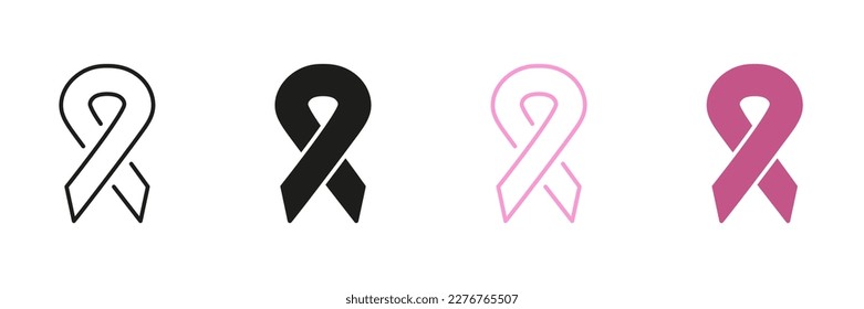 Support People with Breast Cancer. Awareness Day Black and Pink Symbol Collection. Cancer Ribbon Loop Line and Silhouette Icon Set. Hope, Tolerance Campaign Pictogram. Isolated Vector Illustration.