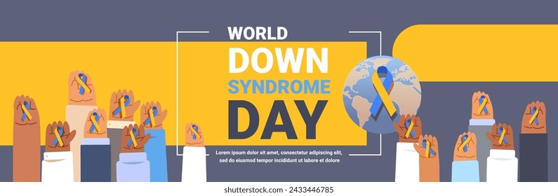 Support for people with Down syndrome. Hands row Horizontal banner illustration
