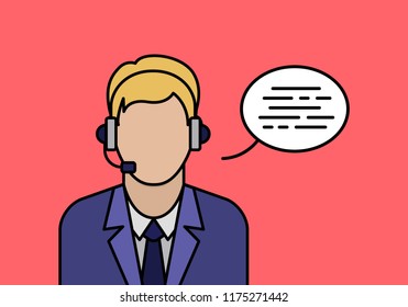 Support phone operator in headset banner. Online assistance outline concept. Male operator in call center advertising. Phone consultation service and telemarketing company vector illustration.