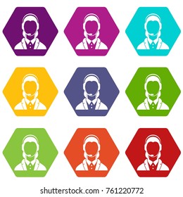 Support phone operator in headset icon set many color hexahedron isolated on white vector illustration