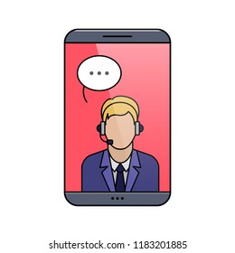 Support phone operator in headset on smartphone touch screen. Online assistance outline icon with mobile phone. Call center service pictogram. Phone consultation and telemarketing vector illustration
