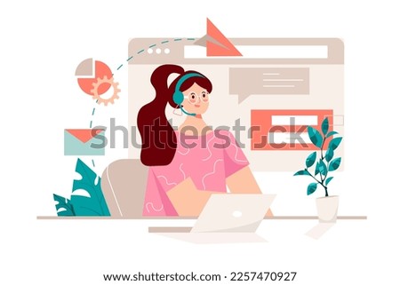 Support pink concept with people scene in the flat cartoon design. Employee of the support center explains the client how to act in emergency situations. Vector illustration.