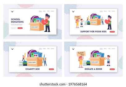 Support for Poor Kids Landing Page Template Set. Tiny Characters Put Books and Stationery in Huge Donation Box. Happy Kids Gratitude Sponsors for Humanitarian Aid. Cartoon People Vector Illustration