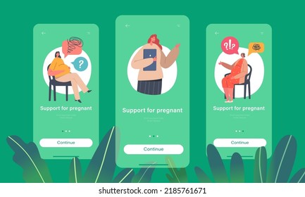 Support for Pregnant Mobile App Page Onboard Screen Template. Women Childbirth Psychology Assistance, Pregnancy Couch Character Speak of Maternity Concept. Cartoon People Vector Illustration