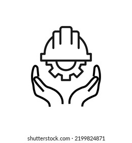 Support, present and charity concept. Modern vector sign drawn with black thin line. Editable stroke. Vector line icon of gear and builders helmet over outstretched hands 