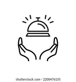 Support, present and charity concept. Modern vector sign drawn with black thin line. Editable stroke. Vector line icon of bowl with cloche over outstretched hands 