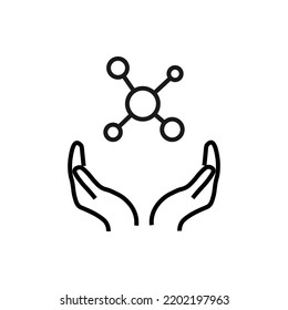 Concepto de apoyo, presente y caridad. Signo vectorial moderno dibujado con línea delgada negra. Trazo editable. Icono de línea de vector del compuesto químico sobre manos extendidas 