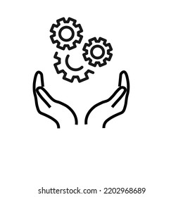 Support, present and charity concept. Modern vector sign drawn with black thin line. Editable stroke. Vector line icon of gear or cogwheels over outstretched hands 