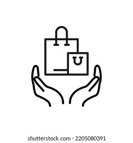 Support, present and charity concept. Modern vector sign drawn with black thin line. Editable stroke. Vector line icon of shopping bags over outstretched hands 
