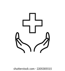 Concepto de apoyo, presente y caridad. Signo vectorial moderno dibujado con línea delgada negra. Trazo editable. Icono de la línea del vector de la cruz médica en manos extendidas 