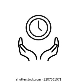 Support, present and charity concept. Modern vector sign drawn with black thin line. Editable stroke. Vector line icon of clock over outstretched hands 